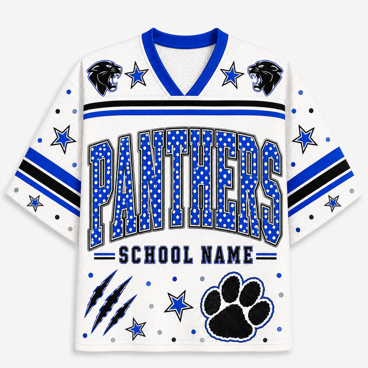 A white custom sports jersey featuring blue and black graphics, including the word 'PANTHERS' in a polka-dot pattern, a black paw print, blue stars, and 'SCHOOL NAME' text on the front.