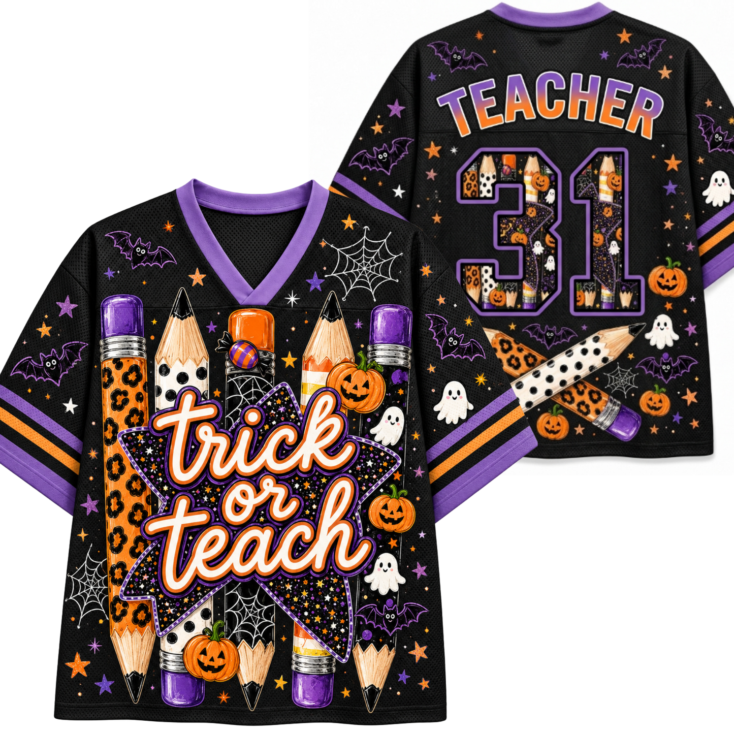 Black V-neck football-style jersey shown front and back with Halloween graphics, including pencils, pumpkins, ghosts, stars, spiderwebs, and the words 'Teacher' and the number 31.