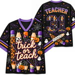 Black V-neck football-style jersey shown front and back with Halloween graphics, including pencils, pumpkins, ghosts, stars, spiderwebs, and the words 'Teacher' and the number 31.