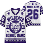 White and purple customizable Wildcats sports jersey shown from the front and back, featuring a wildcat graphic, paw prints, and placeholder text for school name and number 26.