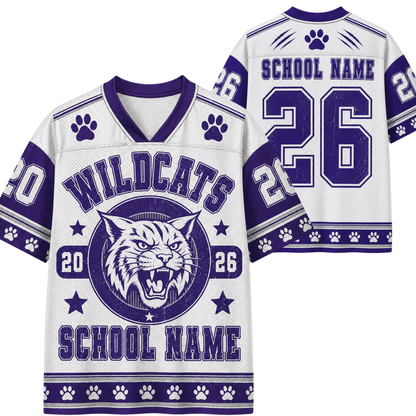 White and purple customizable Wildcats sports jersey shown from the front and back, featuring a wildcat graphic, paw prints, and placeholder text for school name and number 26.