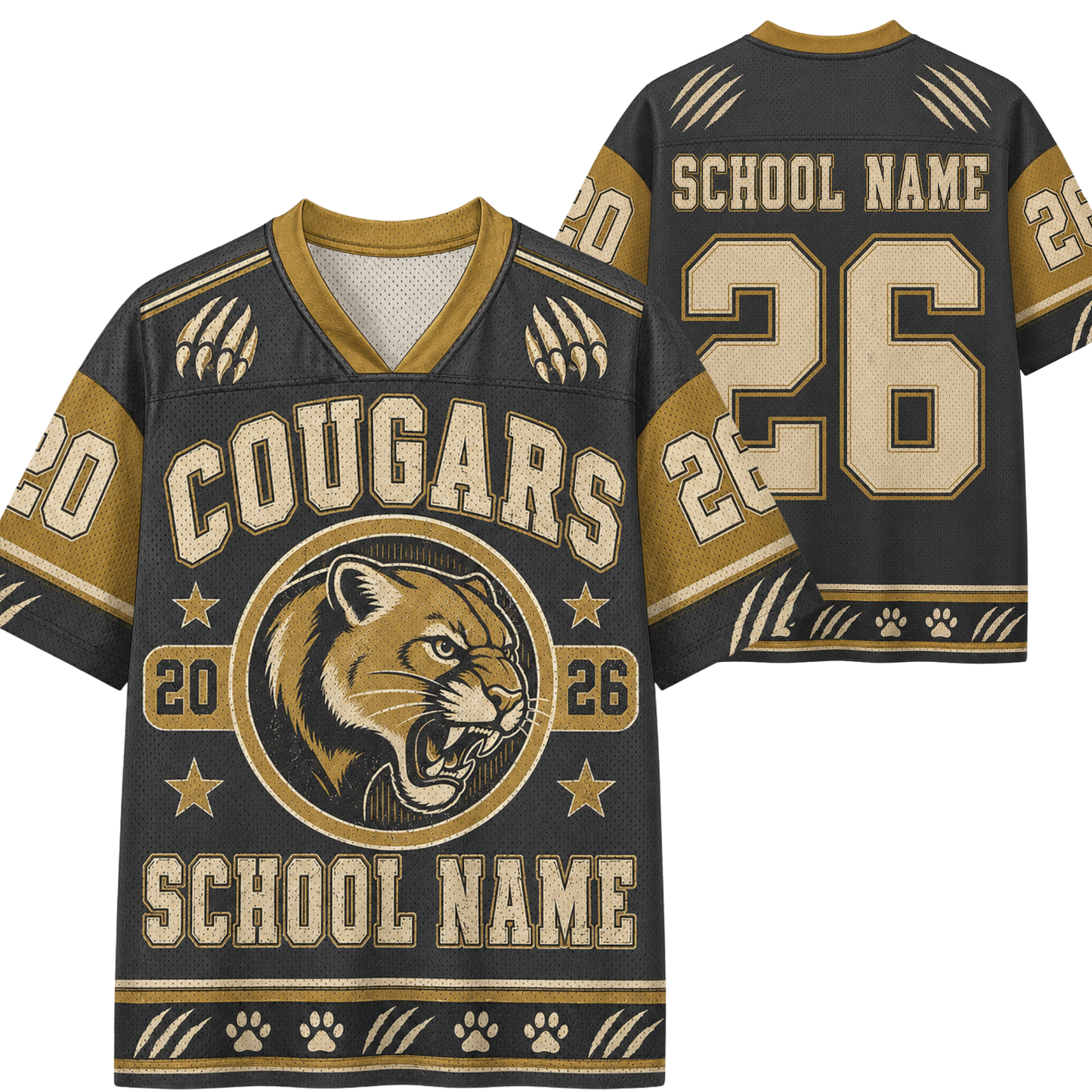Customizable black and gold sports jersey shown from both front and back, featuring a cougar mascot graphic, paw prints, and placeholder text 'SCHOOL NAME' and number '26'.