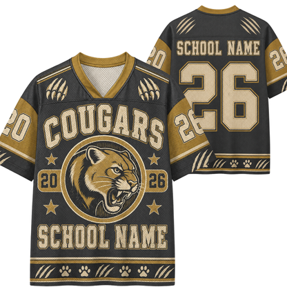 Customizable black and gold sports jersey shown from both front and back, featuring a cougar mascot graphic, paw prints, and placeholder text 'SCHOOL NAME' and number '26'.