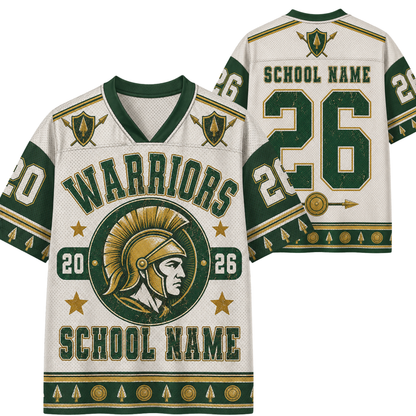 Custom sports jersey shown from the front and back in a clean product mockup. The jersey is off-white with dark green and gold graphics, featuring a Spartan helmet logo, 'WARRIORS' text, and customizable 'SCHOOL NAME' and number '26' details.