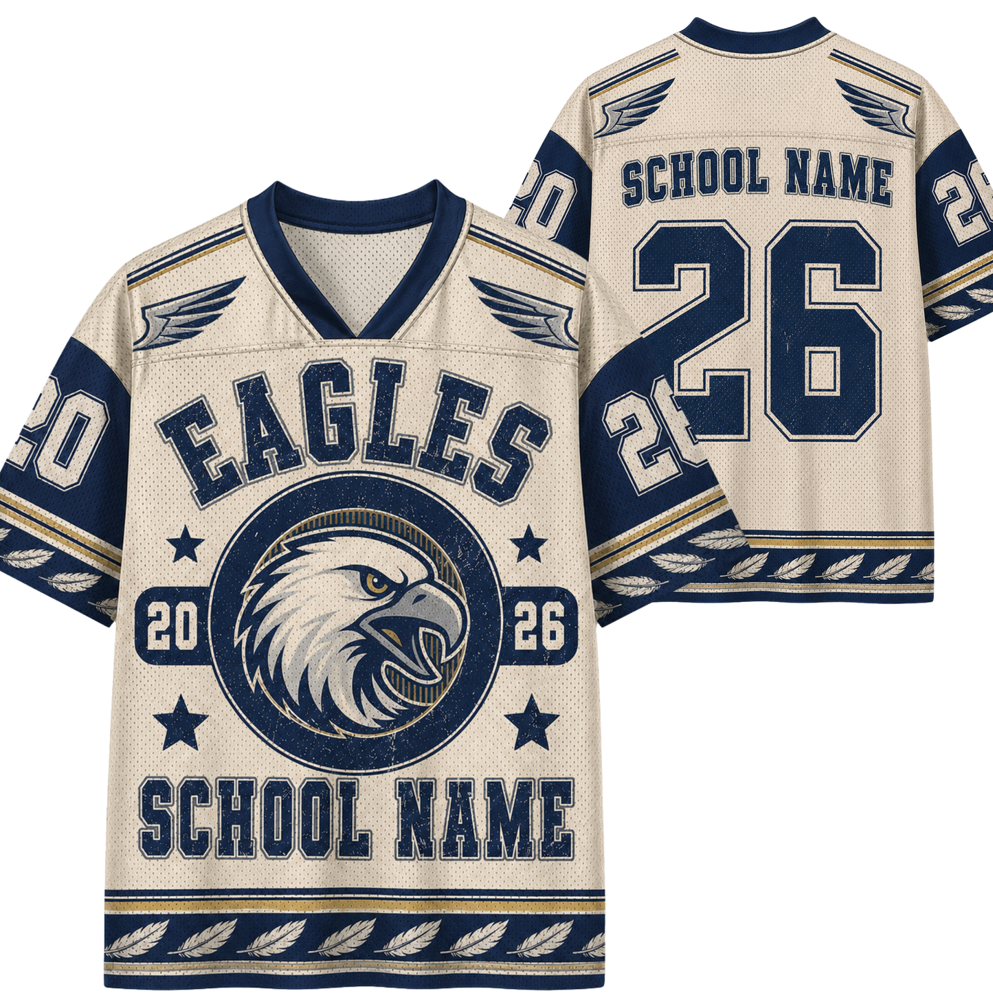 Customizable cream and navy blue mesh football jersey shown in front and back views, featuring an eagle logo, 'EAGLES' text, and placeholder 'SCHOOL NAME' and number '26'.