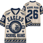 Customizable cream and navy blue mesh football jersey shown in front and back views, featuring an eagle logo, 'EAGLES' text, and placeholder 'SCHOOL NAME' and number '26'.
