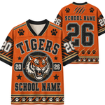 Customizable orange tiger jersey with black and white details, featuring a roaring tiger graphic, paw prints, and placeholders for 'TIGERS', 'SCHOOL NAME', and number '26'.