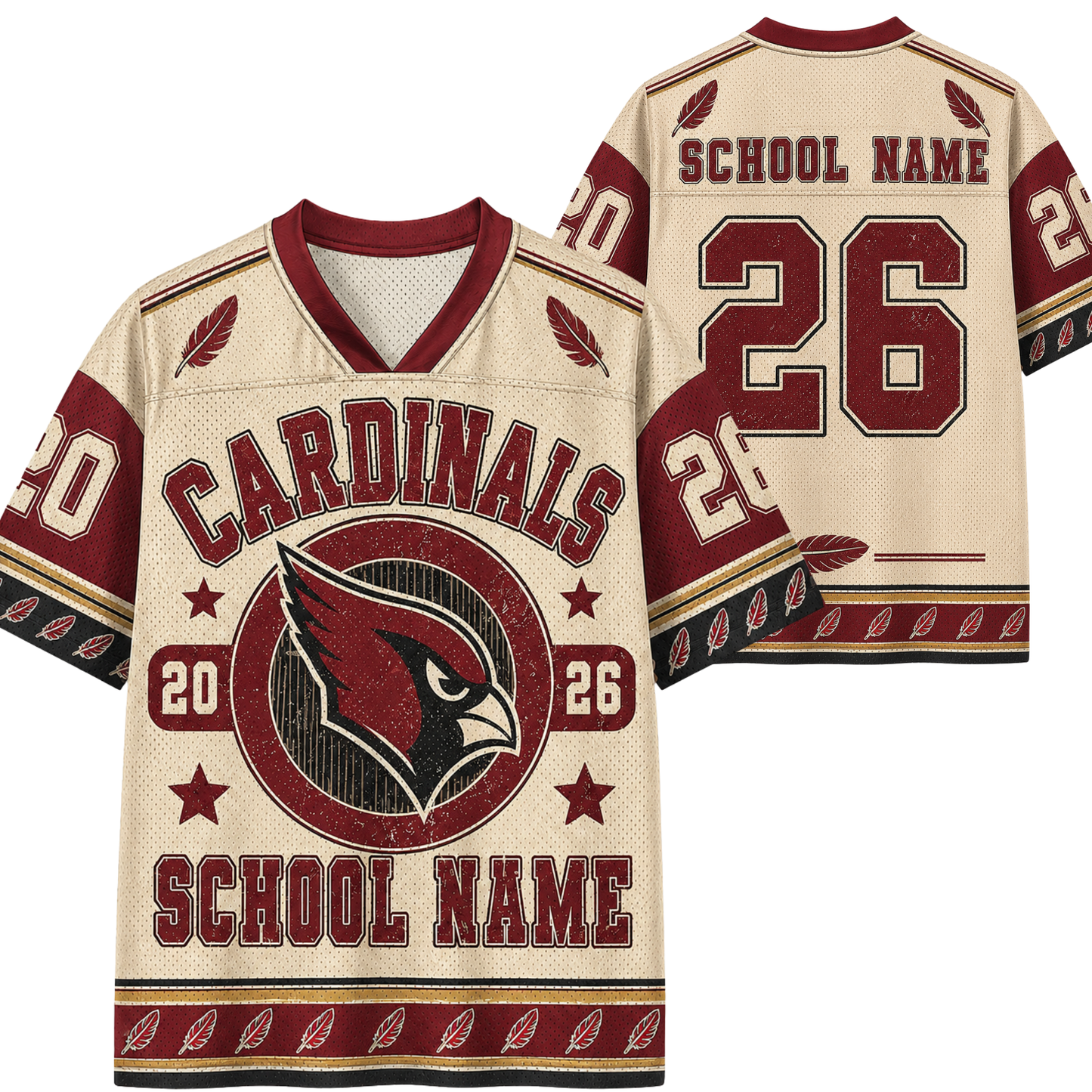 Front and back views of a customized Cardinals sports jersey in cream and maroon with a distressed design, featuring a cardinal logo, numbers 20 and 26, and placeholder text 'SCHOOL NAME'.
