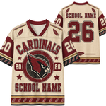 Front and back views of a customized Cardinals sports jersey in cream and maroon with a distressed design, featuring a cardinal logo, numbers 20 and 26, and placeholder text 'SCHOOL NAME'.