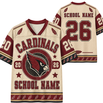 Front and back views of a customized Cardinals sports jersey in cream and maroon with a distressed design, featuring a cardinal logo, numbers 20 and 26, and placeholder text 'SCHOOL NAME'.