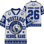 Customizable white and blue football jersey shown from the front and back, featuring a Mustangs horse logo, number 26, and placeholder text for school name and number.