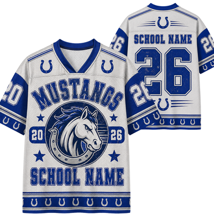 Customizable white and blue football jersey shown from the front and back, featuring a Mustangs horse logo, number 26, and placeholder text for school name and number.