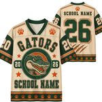 A custom football jersey shown from both front and back, featuring a cream mesh fabric with green and orange graphics, including 'GATORS', a gator head logo, paw prints, and the number 26.