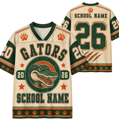 A custom football jersey shown from both front and back, featuring a cream mesh fabric with green and orange graphics, including 'GATORS', a gator head logo, paw prints, and the number 26.