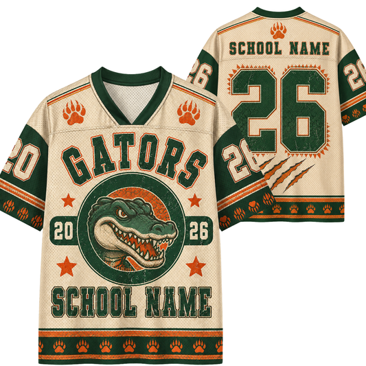 A custom football jersey shown from both front and back, featuring a cream mesh fabric with green and orange graphics, including 'GATORS', a gator head logo, paw prints, and the number 26.