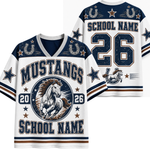 Customizable Mustangs school jersey shown from both front and back views. The white jersey features navy blue and brown accents, including a horse graphic on the front, 'MUSTANGS' text, 'SCHOOL NAME', and customizable number '26'.