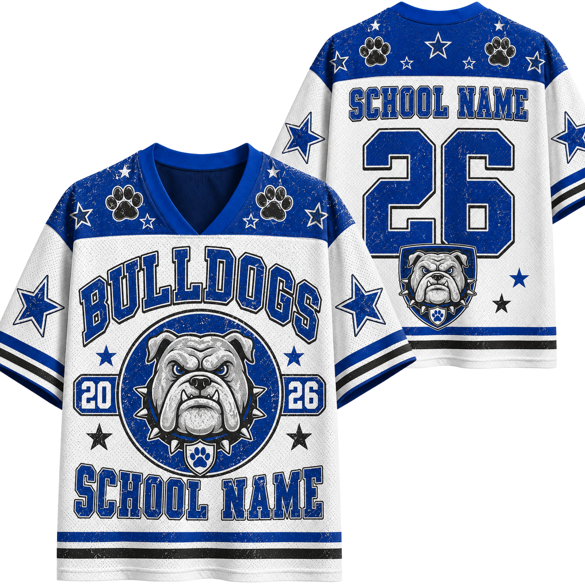 Customizable white and blue football jersey shown from both front and back, featuring bulldog graphics, paw prints, stars, and placeholders for 'BULLDOGS', 'SCHOOL NAME', and number '26'.
