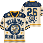 Front and back views of a custom sports jersey in cream, navy blue, and yellow. The jersey features a distressed design with 'WARRIORS', a circular Native American profile emblem, the number '26', stars, and placeholder text 'SCHOOL NAME'.