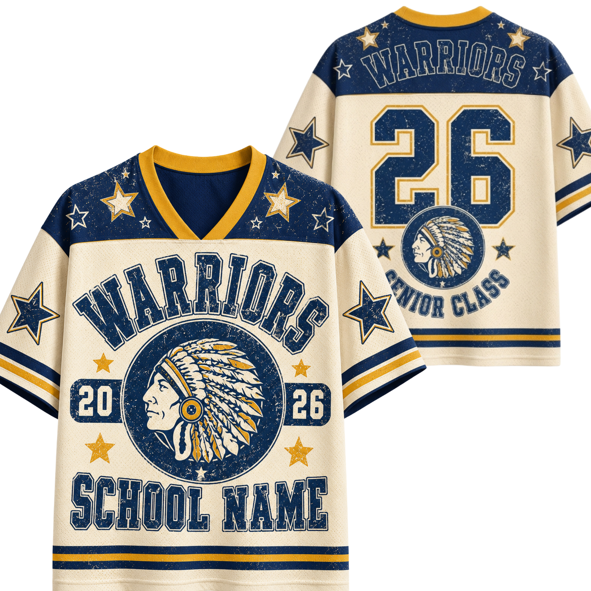 Front and back views of a custom sports jersey in cream, navy blue, and yellow. The jersey features a distressed design with 'WARRIORS', a circular Native American profile emblem, the number '26', stars, and placeholder text 'SCHOOL NAME'.