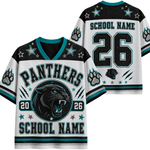 Custom Panthers football jersey shown from the front and back, featuring a white base with black and teal graphics, including a roaring panther logo, paw prints, and customizable text.
