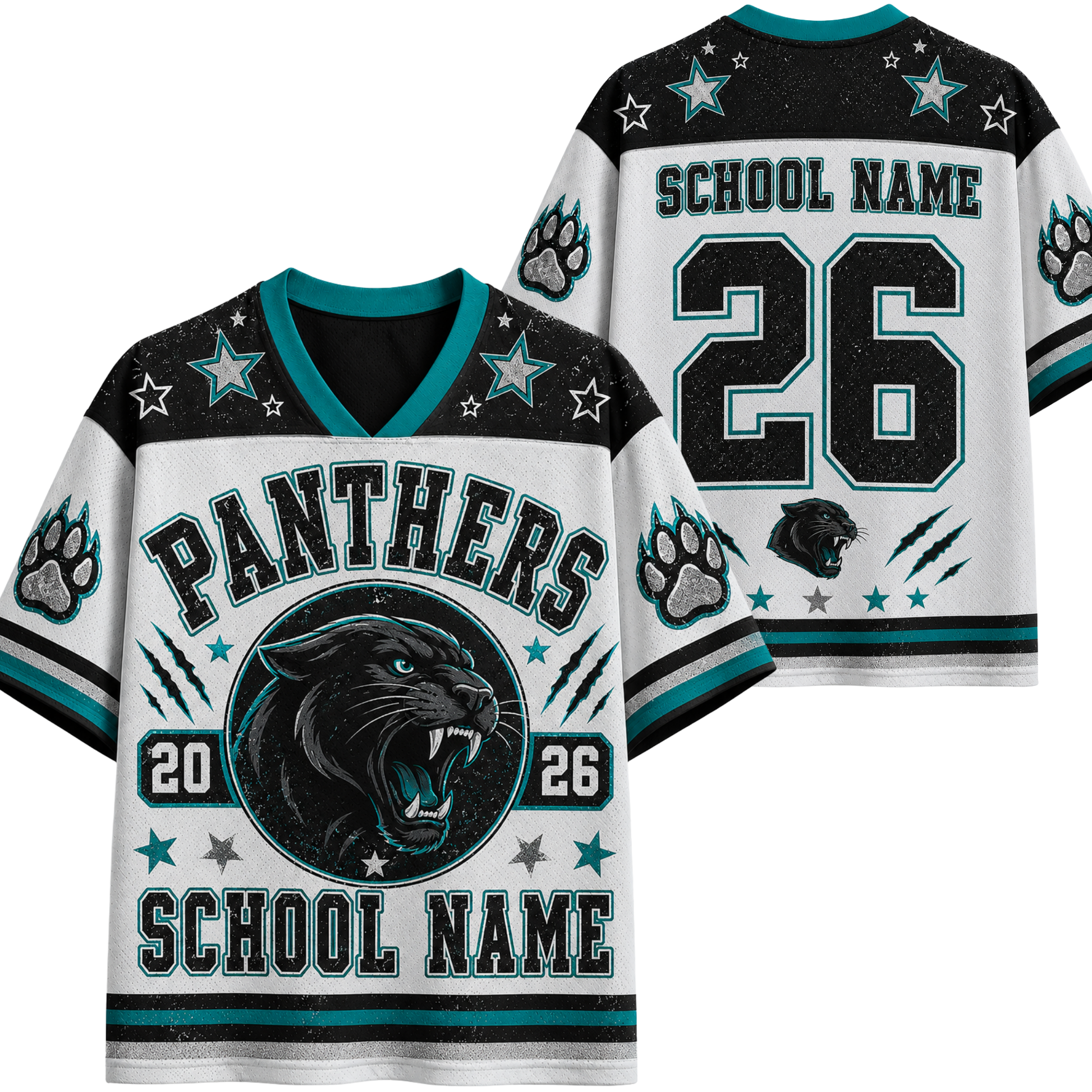 Custom Panthers football jersey shown from the front and back, featuring a white base with black and teal graphics, including a roaring panther logo, paw prints, and customizable text.