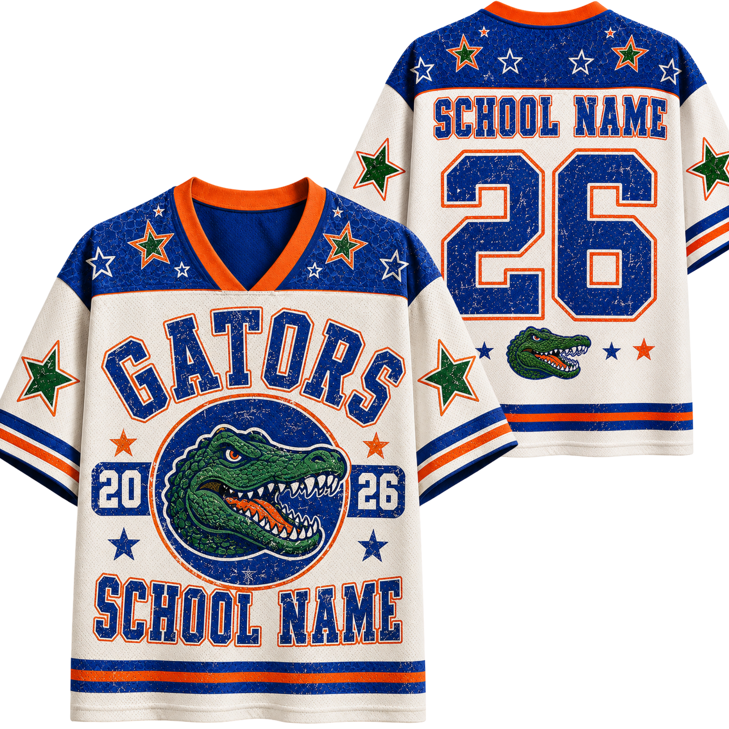 Custom Florida Gators themed sports jersey shown from both front and back views. The jersey features a distressed cream base with royal blue and orange accents, a green alligator logo, and customizable text fields for 'GATORS', 'SCHOOL NAME', and numbers.