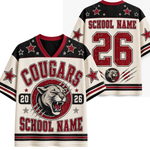 Custom Florida Gators football jersey shown from both front and back views. The jersey features a white base with blue and orange stripes, a large camouflage patterned number 8 on the front, 'Gators' script in green and orange, alligator patches, and 'School Name' and number placeholders on the back.