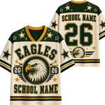 Front and back views of a customizable Eagles school jersey in green, cream, and gold. The front features an eagle head graphic, the word 'EAGLES', the number 26, and placeholder text 'SCHOOL NAME'.