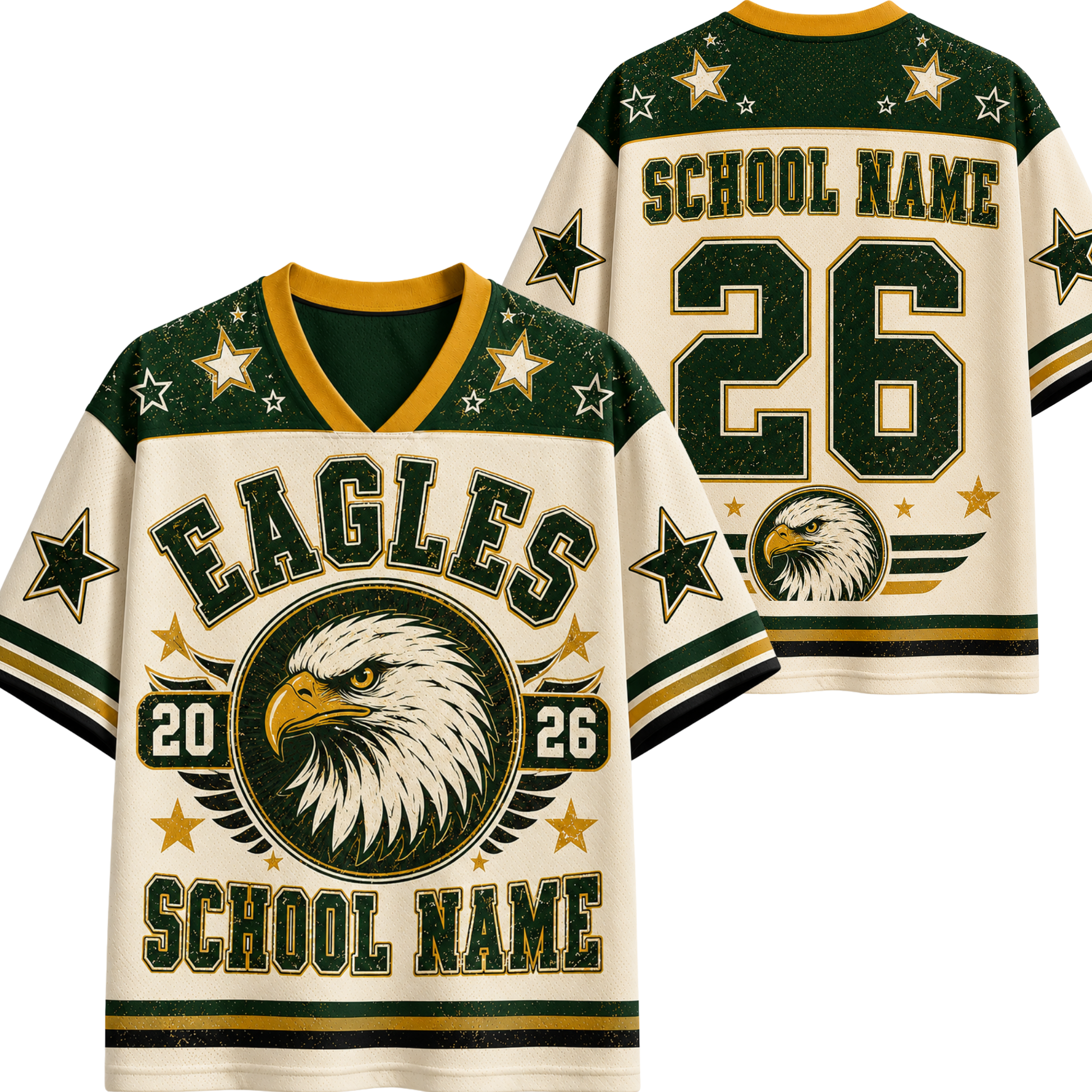 Front and back views of a customizable Eagles school jersey in green, cream, and gold. The front features an eagle head graphic, the word 'EAGLES', the number 26, and placeholder text 'SCHOOL NAME'.