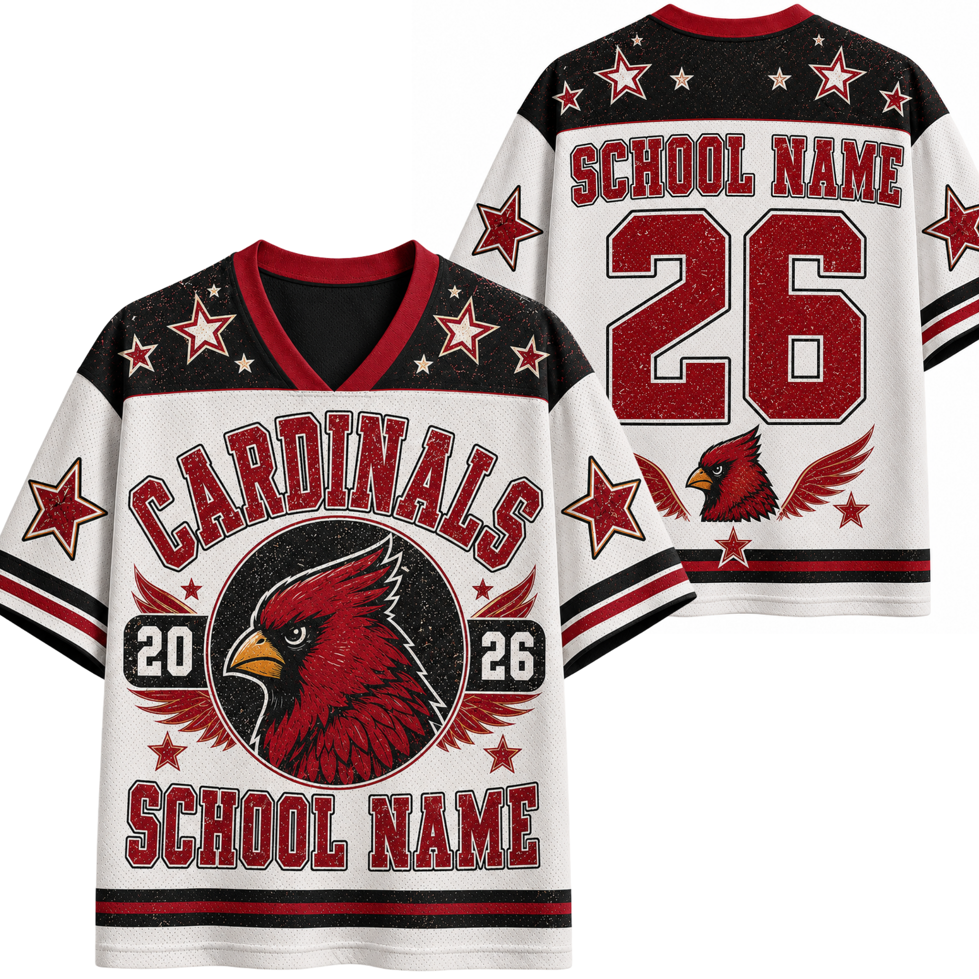 Customizable football jersey shown from both front and back views. The jersey is white with royal blue and gray graphics, featuring 'EAGLES' text, a large eagle head logo, 'SCHOOL NAME' text, and the number '55'.