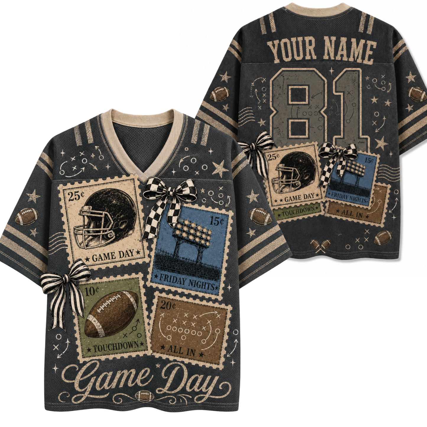 A dark gray customizable football jersey shown from both the front and back. The jersey features a collage of vintage football-themed postage stamps, checkered bows, stars, and the text 'Game Day' on the front, and 'YOUR NAME' and the number '81' on the back.