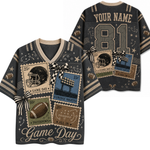 A dark gray customizable football jersey shown from both the front and back. The jersey features a collage of vintage football-themed postage stamps, checkered bows, stars, and the text 'Game Day' on the front, and 'YOUR NAME' and the number '81' on the back.