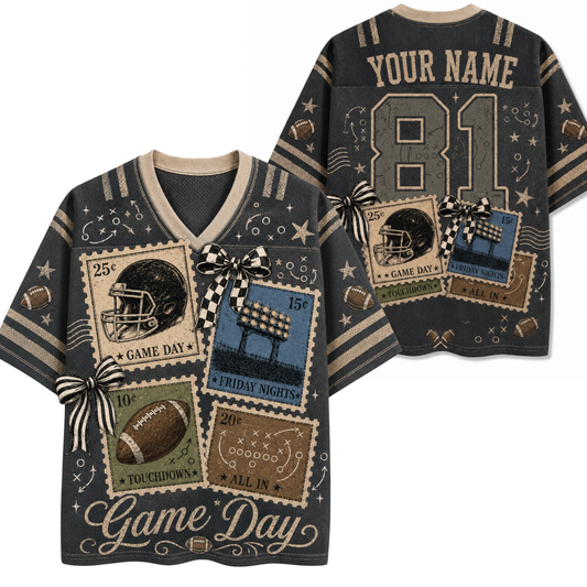 A dark gray customizable football jersey shown from both the front and back. The jersey features a collage of vintage football-themed postage stamps, checkered bows, stars, and the text 'Game Day' on the front, and 'YOUR NAME' and the number '81' on the back.