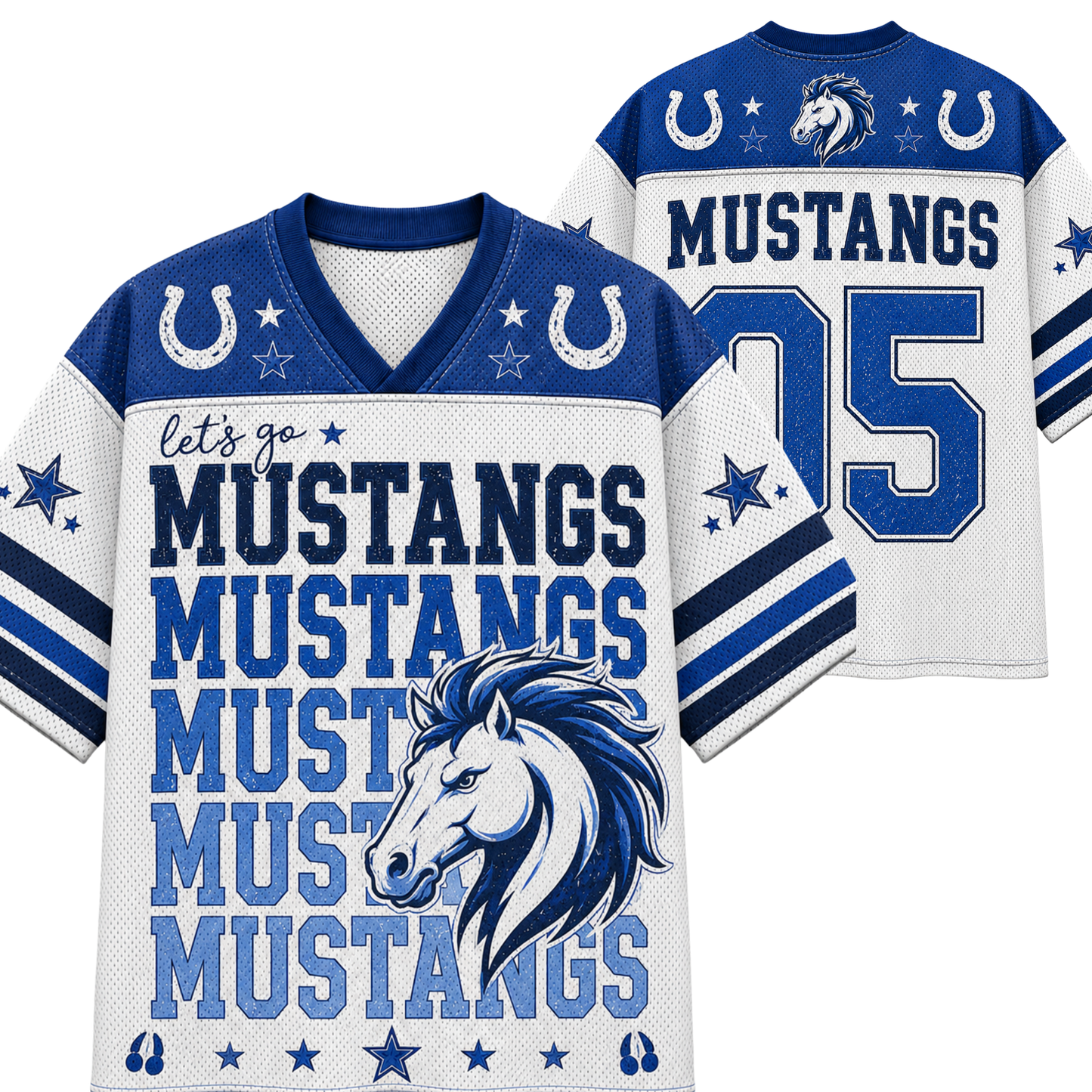 A white and blue mesh sports jersey shown from the front and back, featuring the text 'let's go MUSTANGS' repeated in blue, a blue mustang horse head graphic, horseshoes, stars, and the number 15 on the back.