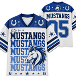 A white and blue mesh sports jersey shown from the front and back, featuring the text 'let's go MUSTANGS' repeated in blue, a blue mustang horse head graphic, horseshoes, stars, and the number 15 on the back.