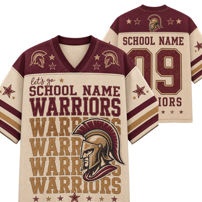 A custom Spartan-themed football jersey shown from both the front and back. The jersey features a cream mesh body with maroon and gold graphics, including a Spartan helmet, stars, stripes, and the text 'let's go! SCHOOL NAME WARRIORS' and a large number '09'.