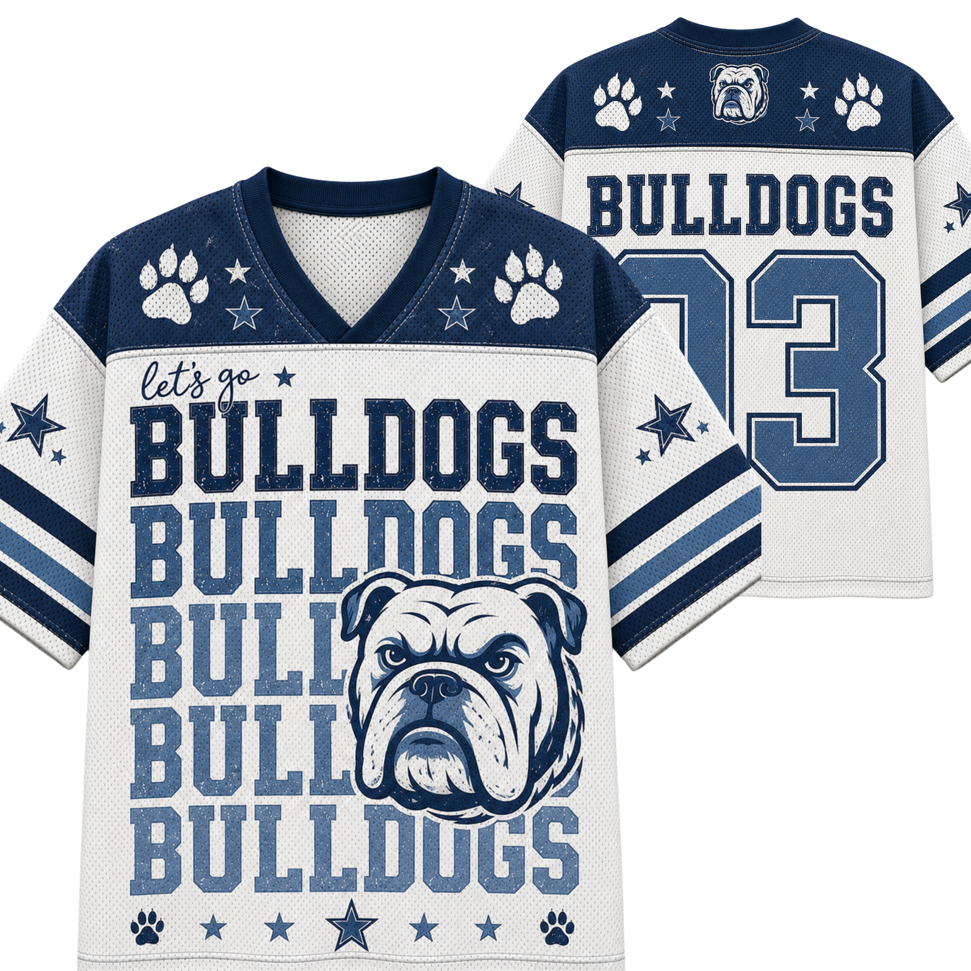 Front and back views of a white and navy blue football jersey featuring bulldog graphics, paw prints, stars, and the text 'let's go BULLDOGS'.