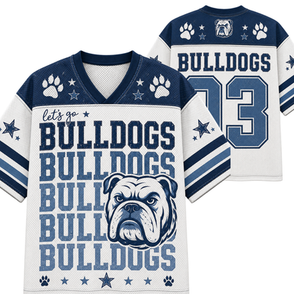 Front and back views of a white and navy blue football jersey featuring bulldog graphics, paw prints, stars, and the text 'let's go BULLDOGS'.