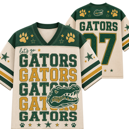A Florida Gators themed hockey-style jersey shown from the front and back on a plain white background. The front features green and cream panels with repeated 'GATORS' text, paw prints, stars, and an alligator graphic.