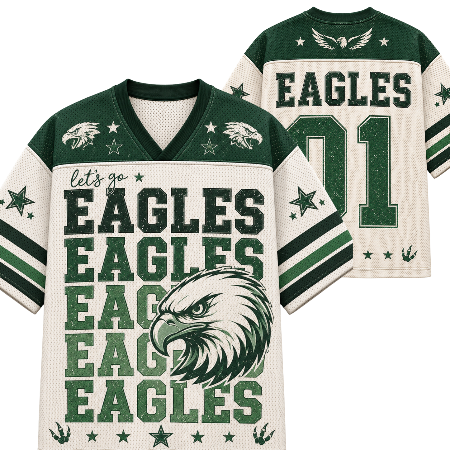 Front and back views of a Philadelphia Eagles themed sports jersey. The jersey features a cream-colored mesh body with green and black graphics, including the team name 'EAGLES', a large eagle head illustration, and the number '01' on the back.