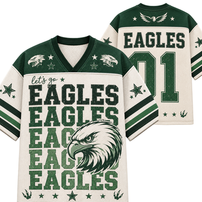 Front and back views of a Philadelphia Eagles themed sports jersey. The jersey features a cream-colored mesh body with green and black graphics, including the team name 'EAGLES', a large eagle head illustration, and the number '01' on the back.