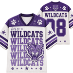 Front and back views of a white and purple athletic jersey with 'WILDCATS', paw prints, stars, a wildcat graphic, and the number 08 on a white background.