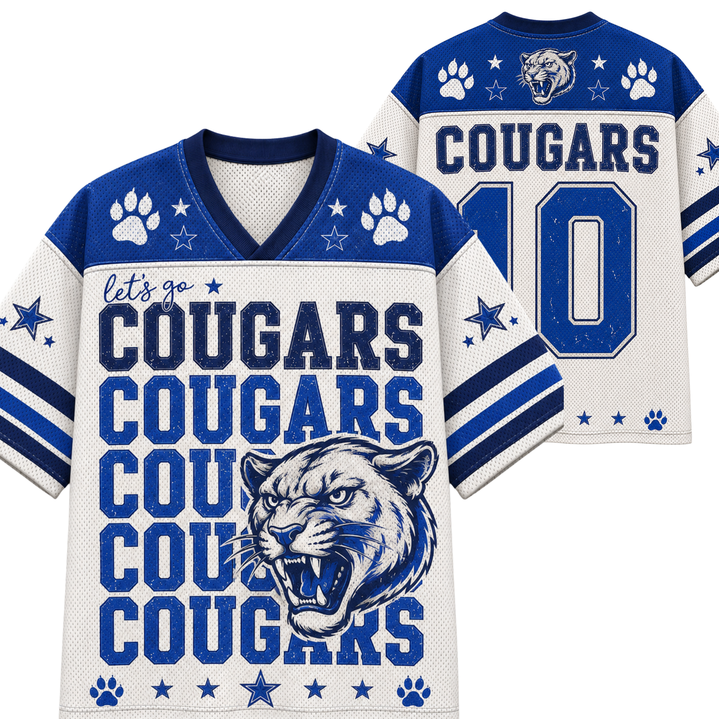 A white and blue athletic-style jersey shown from the front and back, featuring the word 'COUGARS', a cougar mascot graphic, paw prints, stars, and the number 10.