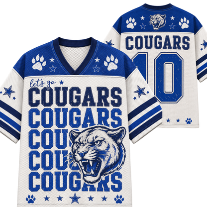 A white and blue athletic-style jersey shown from the front and back, featuring the word 'COUGARS', a cougar mascot graphic, paw prints, stars, and the number 10.