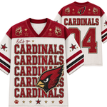Front and back views of a Arizona Cardinals themed hockey-style jersey. The jersey has a cream body with dark red shoulders and sleeves, black and red striped sleeve cuffs, a large red 'CARDINALS' text print on the front, a red cardinal head graphic, paw prints, and the number 24 on the back.