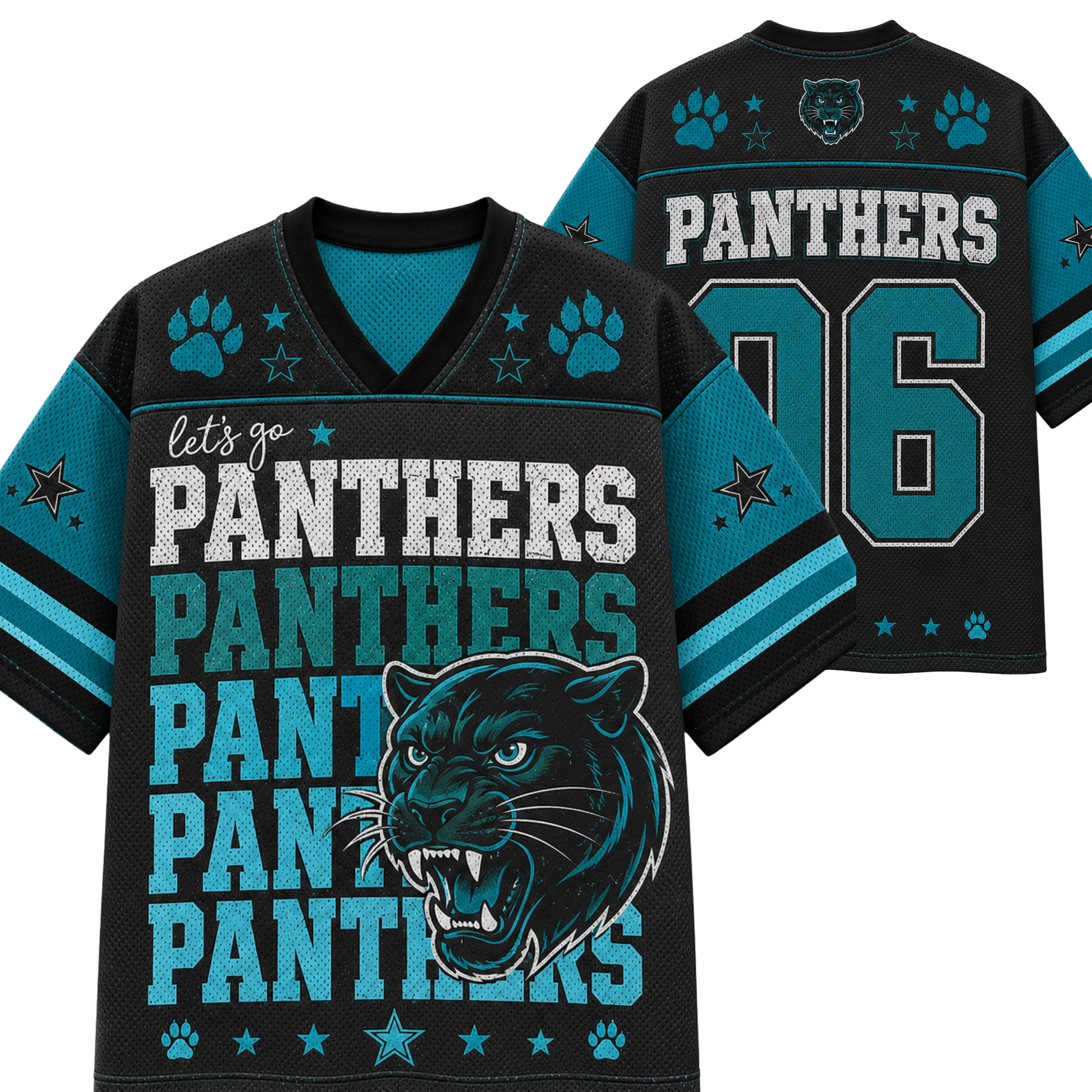 Front and back views of a black short-sleeve V-neck jersey with teal and white Carolina Panthers graphics, including the team name, paw prints, star motifs, a panther illustration, and the number 06.