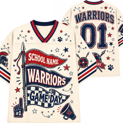 Personalized cream-colored football jersey mockup showing both front and back views. The jersey features red and navy blue accents, star patterns, paw prints, and customizable text including 'SCHOOL NAME', 'WARRIORS', and 'GAME DAY'.