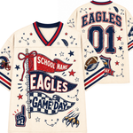 Front and back views of a cream-colored Eagles-themed hockey-style jersey with red and navy blue accents, featuring 'EAGLES', '01', 'SCHOOL NAME', and 'GAME DAY' graphics.