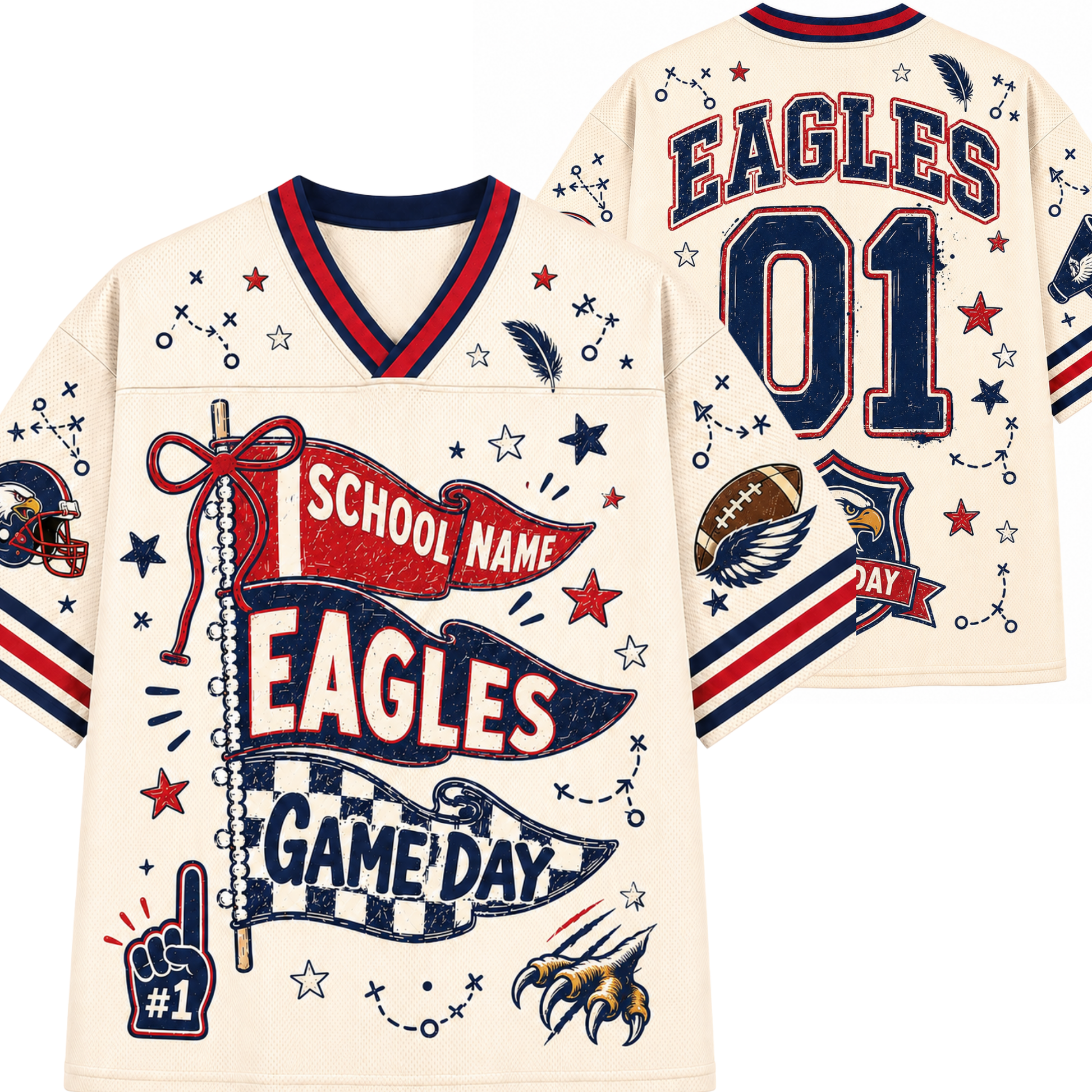 Front and back views of a cream-colored Eagles-themed hockey-style jersey with red and navy blue accents, featuring 'EAGLES', '01', 'SCHOOL NAME', and 'GAME DAY' graphics.