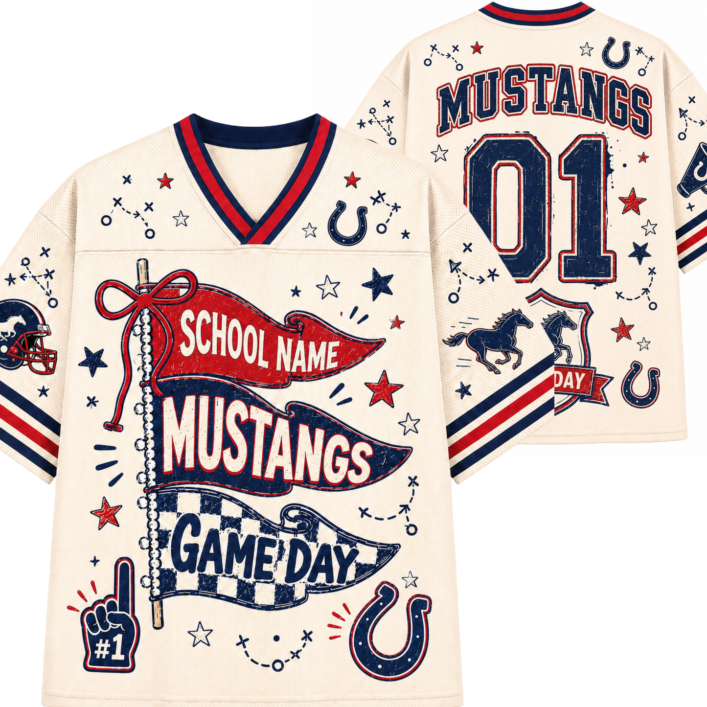 A cream-colored custom sports jersey shown from both the front and back. The design features navy blue and red graphics, including 'MUSTANGS', a number '01', a horse silhouette, horseshoes, stars, and banners reading 'SCHOOL NAME' and 'GAME DAY'.